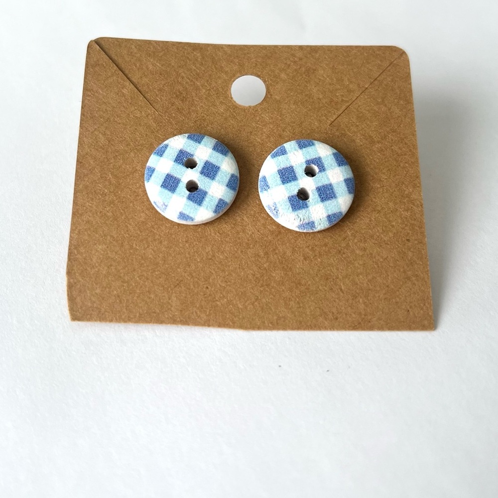 2/$15- Blue Checkered Button Earrings Handmade